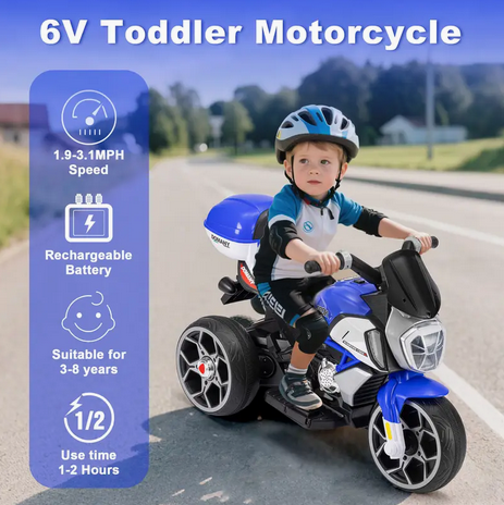 Kids 3‑Wheel Electric Motorcycle — Music, USB/MP3, Headlight & Horn (Ages 3–8